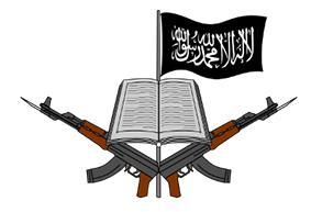 Logotyper Boko Haram: Boko Harams flagga visar två korsade AK47:or mot en vit botten.