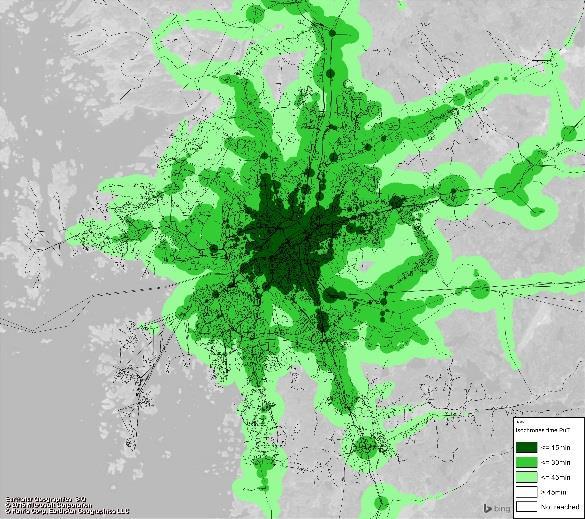 11 2.3 Restidsisokroner till stadens tyngdpunkter I kartbilderna som följer visas hur långt man når inom restidsintervallen 15, 30 respektive 45 minuter från respektive tyngdpunkt, dels i dagens