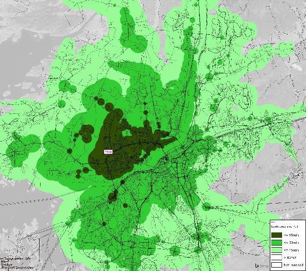 Figur 2-14 Kartbilderna illustrerar hur långt man når med kollektivtrafiken från Vårväderstorget år 2014 respektive med