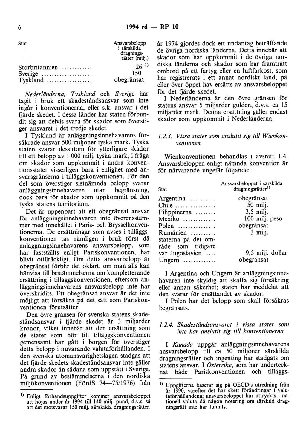 6 1994 rd - RP 10 Stat Storbritannien.... Sverige.... Tyskland.... Ansvarsbelopp i särskilda dragningsrätter (milj.