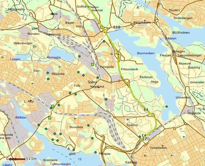 Solna stad - Stöld från bil samt bildelsstöld i september 2018. Teckenförklaring: En grön prick = 1 brott, en grön fyrkant = 2-5 brott. En gul fyrkant = 6-10 brott.