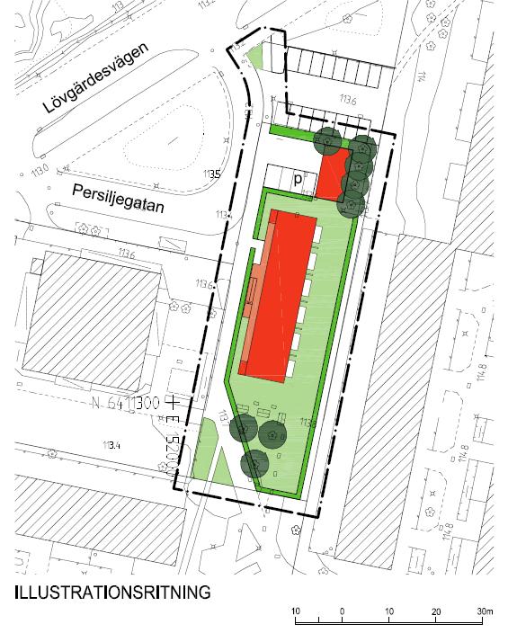 Befintlig förskola Befintligt bostadshus Teknisk försörjning Vatten och avlopp Byggnaden kan anslutas till befintligt va-ledningsnät med förbindelsepunkt söder om fastigheten.