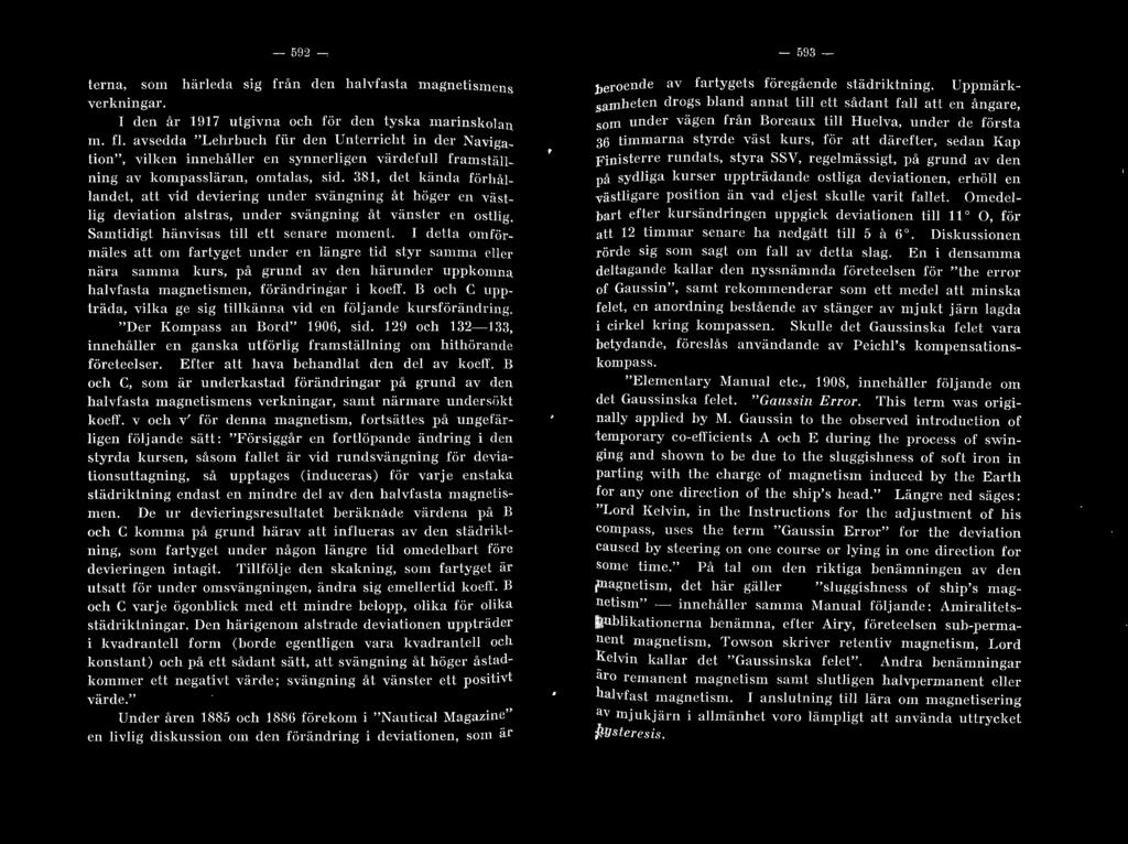 -592- terna, som häreda sig från den hayfasta magneti smens verkningar. I den år 1917 utgivna och för een tyska marinskoan m. f. avseeda "Lchrbuch fi.ir den Unterricht in der NaYi,.
