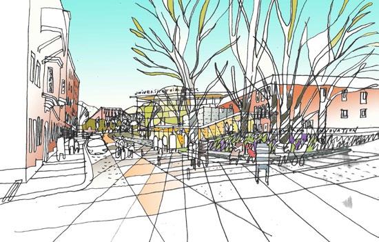 Väg Sveska Mässa ata rze Be Skåeg Loresbergsteater a at liig TILLGÄNGLIGT STADSRUM Vy frå Korsvä i ordväst mot Östra höret med