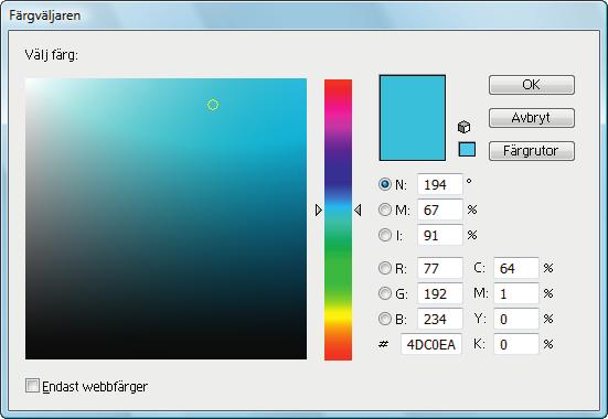 Färgväljaren Ett annat sätt att välja färg är att dubbelklicka på linjefärgsrutan eller fyllningsrutan i verktygspanelen (beroende på vad du ska fylla med färg). 1. Dubbelklicka på linjefärgsrutan.
