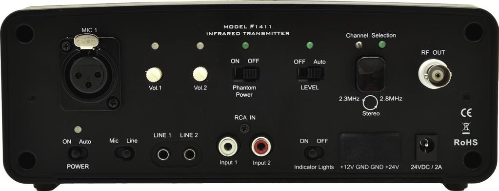 Produktöversikt 13 12 11 10 9 1 2 3 4 5 6 7 8 1. XLR balanserad mikrofon- eller linjeingång 8. Anslutning nätaggregat 24VDC 2. Omkopplare strömsparläge 9. RF OUT BNC-utgång 3. Mic/Line-omkopplare 10.