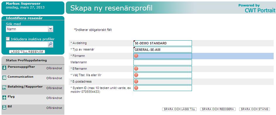 Att skapa en ny resenärsprofil Steg 2 av 2 Efter att du har valt Lägg till resenär visas denna bild.