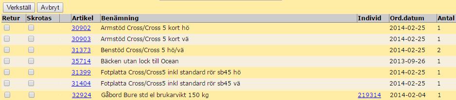 14 (17) Markera de hjälpmedel plus tillbehör som ska tas i retur till buffert och eventuellt skrotas samtidigt. Klicka på Verkställ.