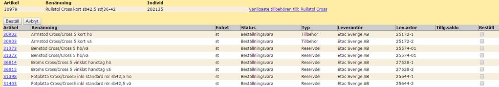 komponentartiklar och beställningsrutor där man kan markerar vilken/vilka man vill beställa Om det inte är någon av de komponenterna man vill beställa kan man