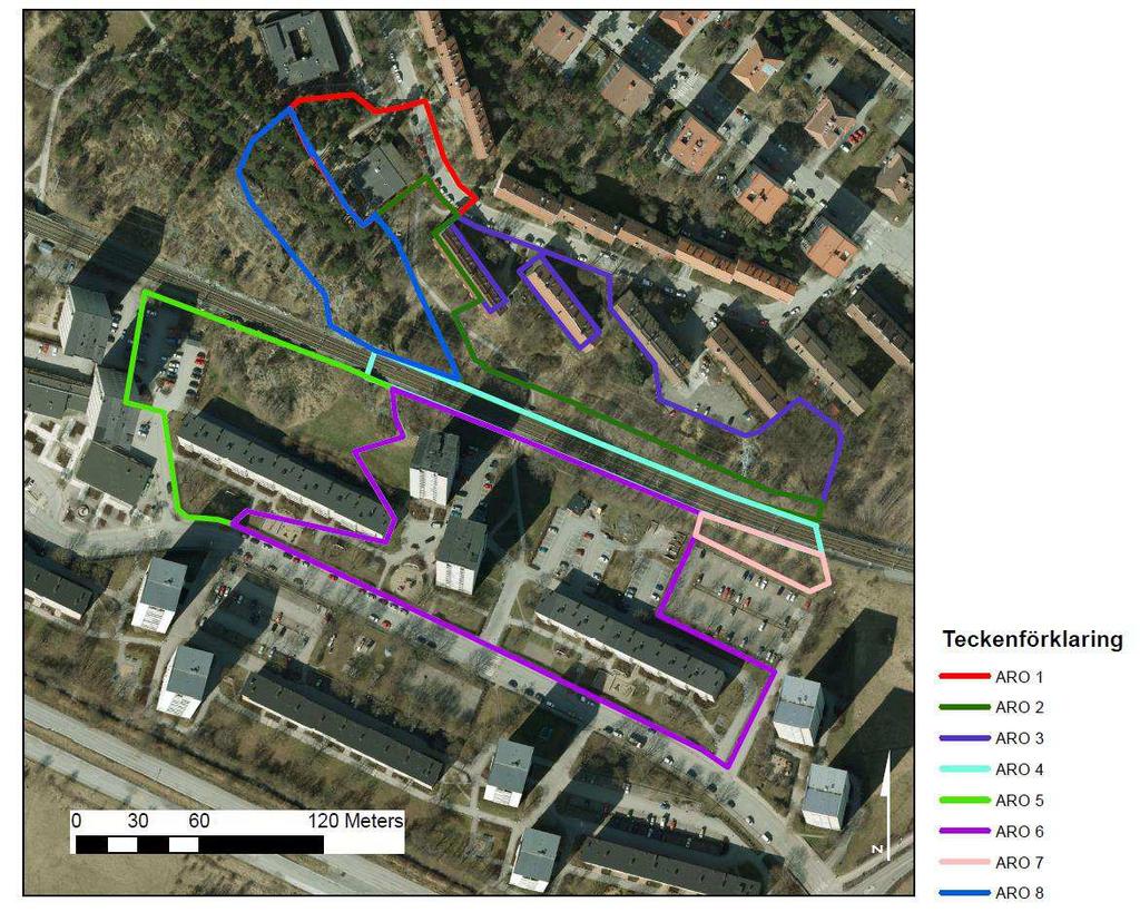 4.2 Avrinningsområden före exploatering ARO 8 ARO 1 ARO 4 ARO 3 ARO 5 ARO 2 ARO 7 ARO 6 6(28) Figur 6 Avrinningsområden och markanvändning före exploatering.