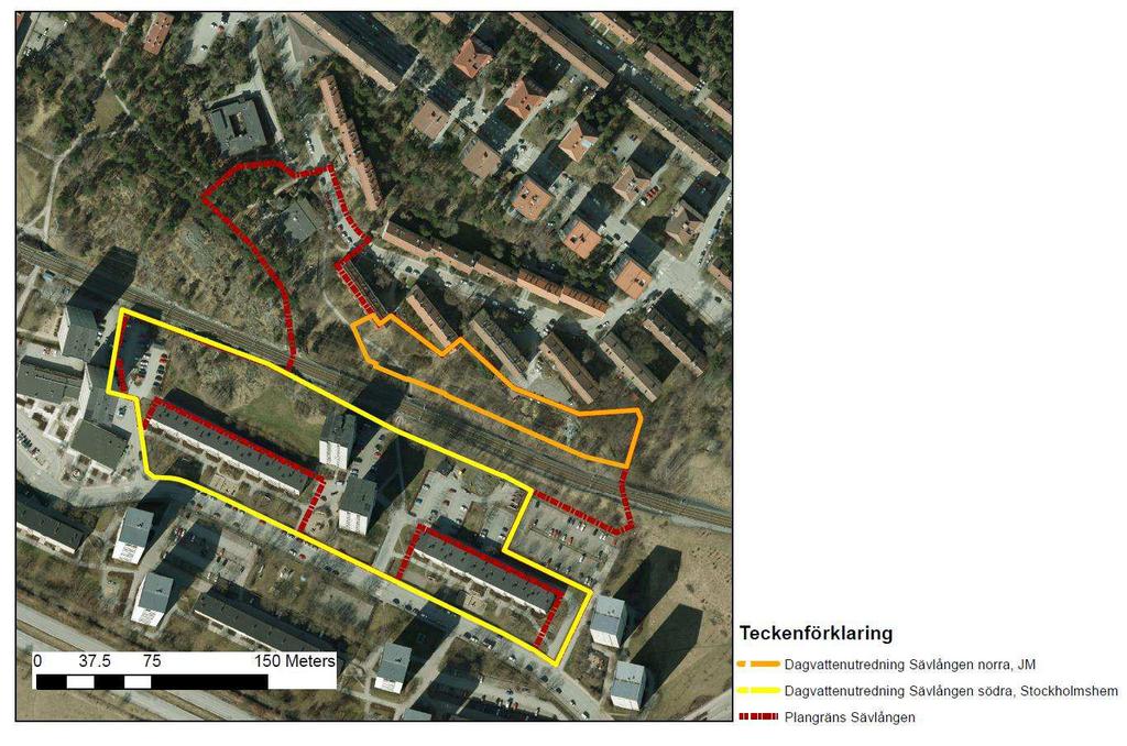 4.1 Nuläge Figur 2 Planområdet med markeringar för utförda dagvattenutredningar i norr respektive I söder. Planområdet Sävlången har en area på ca 3900 m 2 och består till största delen av naturmark.