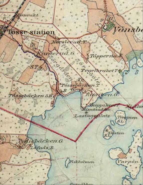 Figur 5. Utsnitt ur 1890-talskarta över området Tössebäcken.
