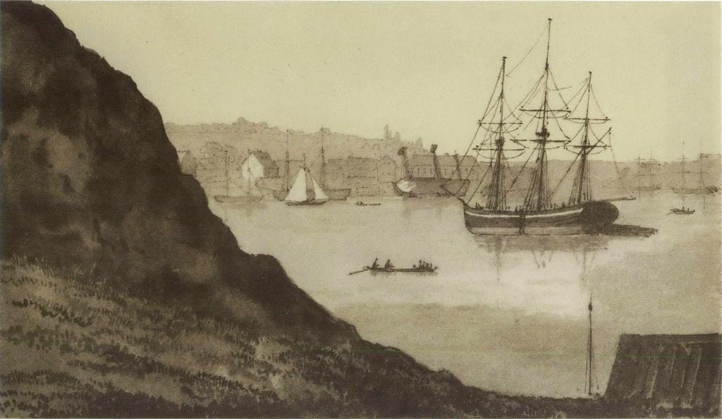 Djurgårdsvarvet från Kastellholmen. Sepiateckning av Alexander Clemens Wetterling 1825-26. att låta bli att skicka in fabriksberättelser till Hall- och hall- och fabrikskassorna i Stockholm.