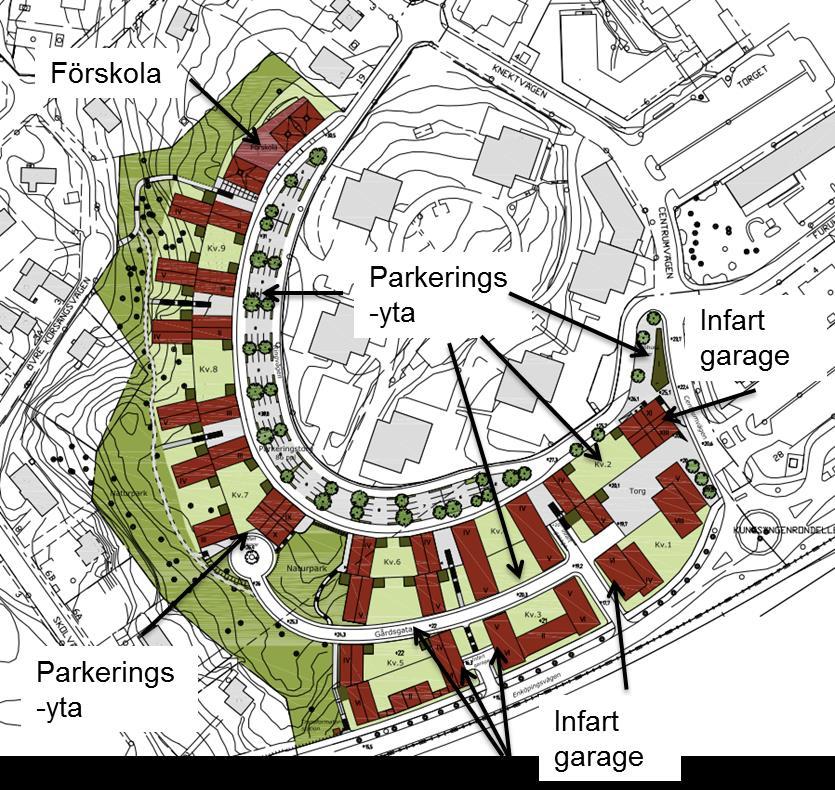 L:\5645\2015\10212904\3_Dokument\36_PM_Rapport\Trafikutredning.docx 3.3 Parkering Hela planområdet har ett parkeringstal på ca 0,5. Parkeringsmöjligheterna inom kvartersmark kan ses i Figur 5.