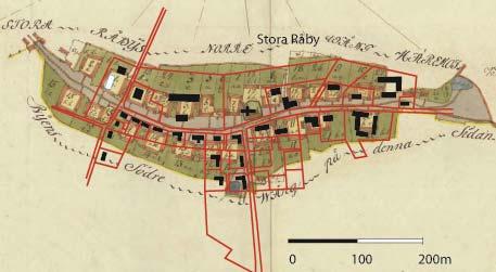 Figur 2. A M Langvagens karta över Stora Råby byplats 1801. Lantmäteriet i Malmö. Akt 3 Stora Råby. Dagens tomter och vägar markerad med röda linjer, byggnader markerad med svart.