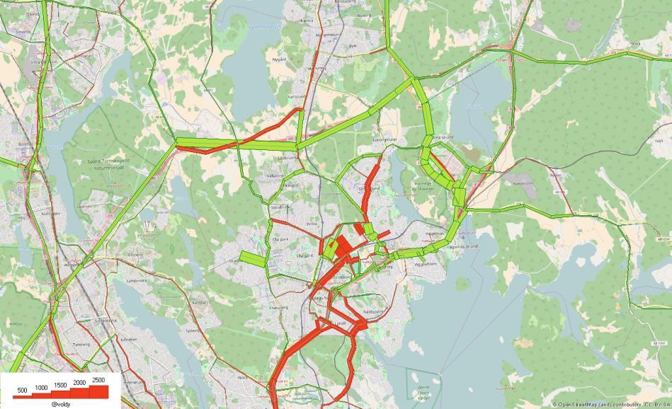 Figur 10. Skillnad i biltrafikflöden mellan nollalternativet och scenario 1a Figur 11 visar skillnaden i trafikflöden mellan scenario 1a och scenario 2a.