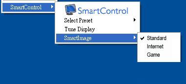 Om Aktivera kontextmenyn har valts i fönstret Options>Preferences (Alternativ>Preferenser) visas menyn. Kontextmenyn har fyra poster: SmartControll Lite - när det valts visas fönstret About (Om).