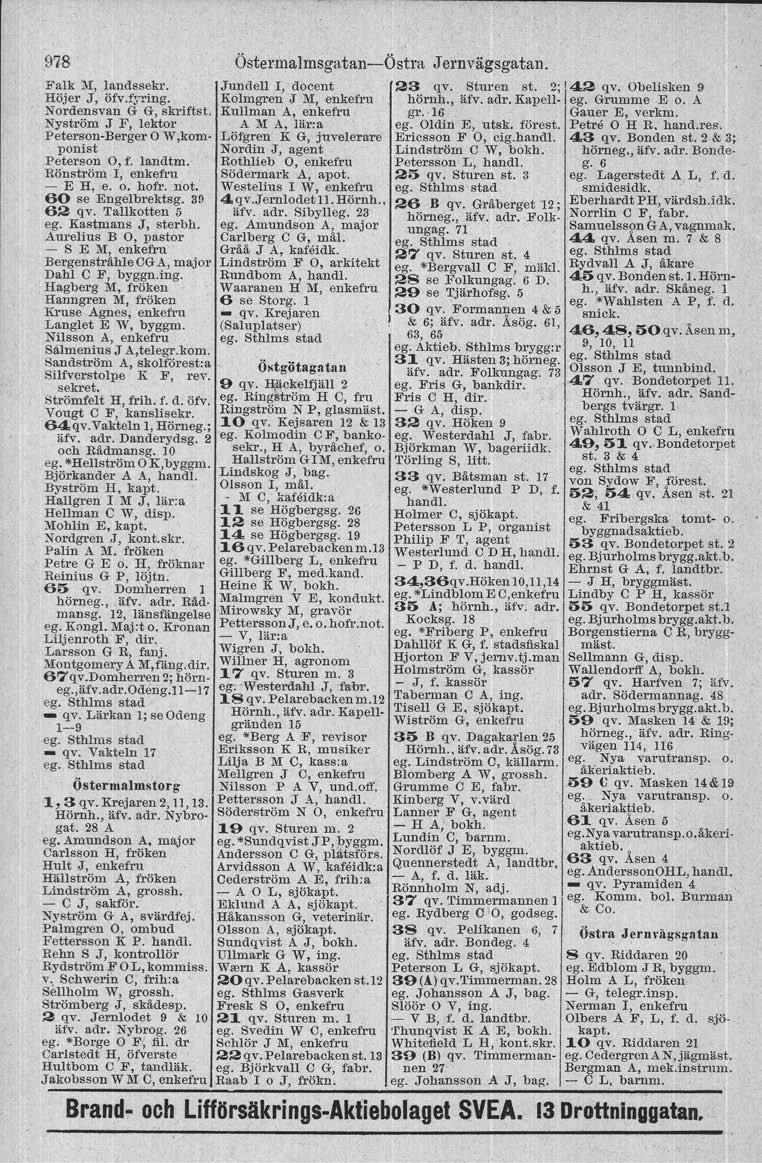 97 8 Falk M, landssekr. Höjer J, ärv.fyrmg. Nordensvan G G, skrifts t. Nyström.J F, lektor Peterson-Berger O W,kom ponist Peterson O, f. landtm. Rönström I, enkerru - E H, e. o. hofr. not.