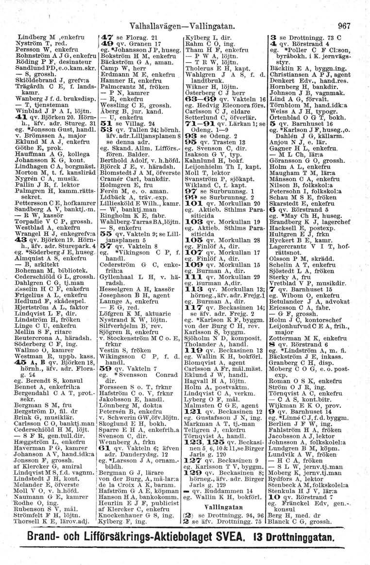 Valhallavägen- Lindberg M,enkefru /4.7 se Florag. 21 Nyström T, red. 149 qv. Granen 17 Persson W, enkefru "eg. -JohanssonJP,huseg.