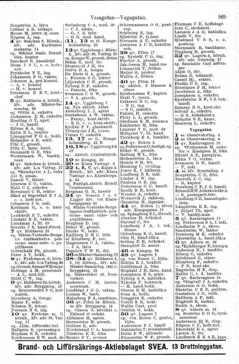 Bergström A, lär:a Littner A B, sjökapt. Moore M, jernv.vtj.vman Nygren A, ing. 4 qv. Snäckan 3. Hörnh., ärv. adr. Karduansmakareg. 14 s Brandförs. kontor Benckert R, kansliråd Blom I S C, e. o. hufr.