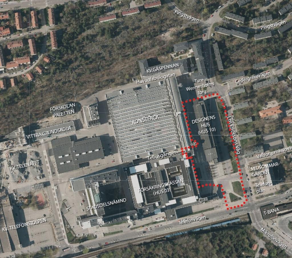 Planområdets läge och omfattning Planområdet är beläget vid Telefonplan i stadsdelen Midsommarkransen och omfattar östra delen av Telefonfabriken 1 innefattande Designens hus (I-huset/Hus 10) med