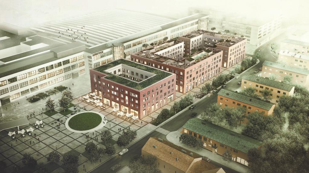 Axonometri över planområdet/white arkitekter Planens syfte och huvuddrag Detaljplanens syfte är att möjliggöra tre nya kvarter, innehållande ca 130 bostäder med verksamheter i bottenvåning, inom