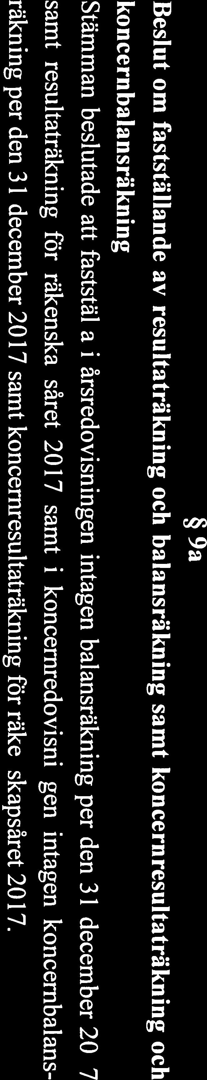 9a Beslut om fastställande av resultaträkning och balansräkning samt koncernresultaträkning och koncernbalansrakning Stämman beslutade att fastställa i årsredovisningen intagen balansräkning per den