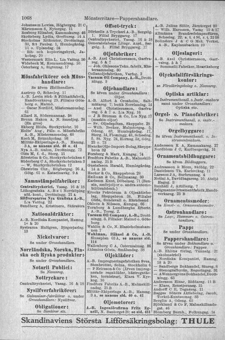 1068 Mönsterrital'e-Pappel'shalldlare. Johansson Lovisa, Högbergsg. 21 C Offset-tryck: A. B. Julius Slöör, Järntorget 80 Mll.rtensson S, Nytorgsg. 11.. - Wilh.