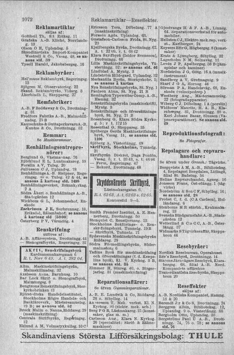 1072 Reklamartiklar säljas af:. Gottheil Th, S:t Eriksg. 1t Grafiska A. B. Kliche, Norrtandsg. 13 Olson O E, Uplandsg. 5 Skandinaviska Import-Kompanfet Westrell & Co, Vasag. 48, se annons old.
