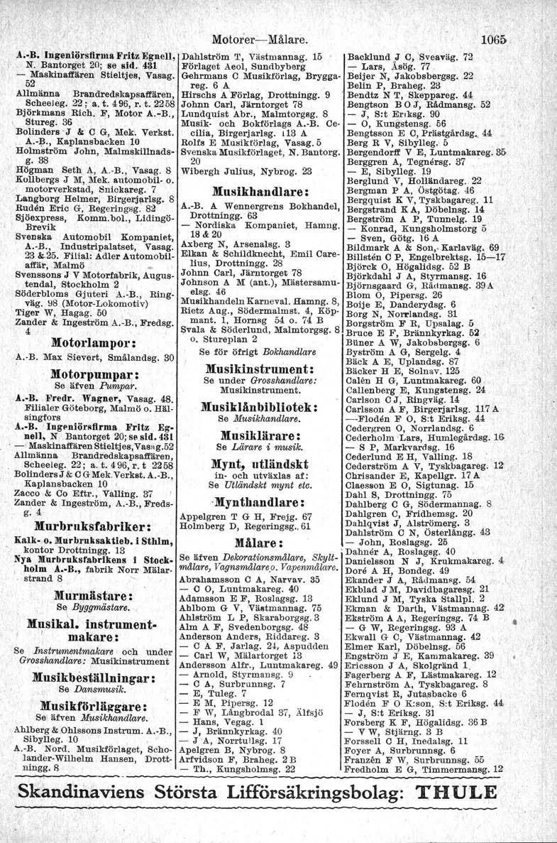 A. B. higeniörsllrdla Fritz EgneIl, Dahlström T, Västmannag. 15 N. Bantorget 20; se sid. 431 Förlaget Aeol, Sundbyberg - 5rasklna1!'ären Stieltjea, Vasag.