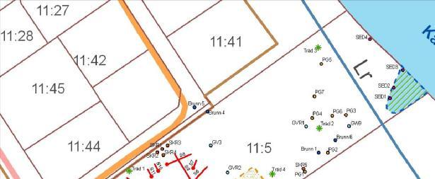 Å-området 2100 m 2 Parken 2900 m 2 Fabriksområdet 4000 m 2 Figur 6 Delområden på fastigheten Getinge 11:5 tillsammans med uppskattad area. Fabriksområdet. I undersökningspunkternas läge (provslitsar, provgropar, borrpunkter m.