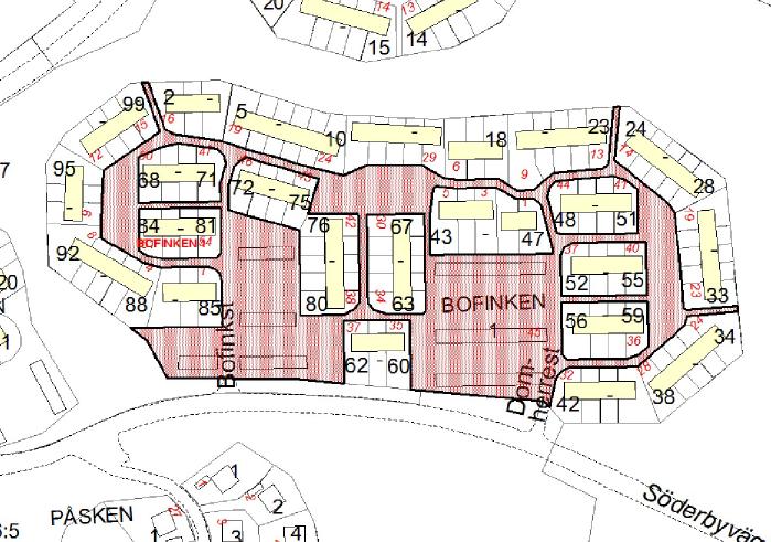 6(16) PLANDATA I planområdet ingår fastigheterna Bofinken 1-99. PLANOMRÅDETS LÄGE OCH OMFATTNING Planområdet är beläget sydost om Salems centrum och avgränsas i söder av Söderbyvägen.