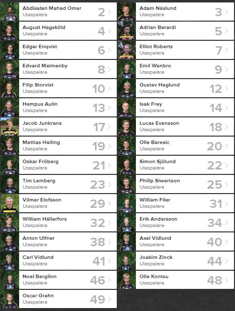 Följande spelare har vi i vårt lag Truppen består av 31 spelare Tillkommit sedan mars: Erik Andersson (P06) Oscar Grahn