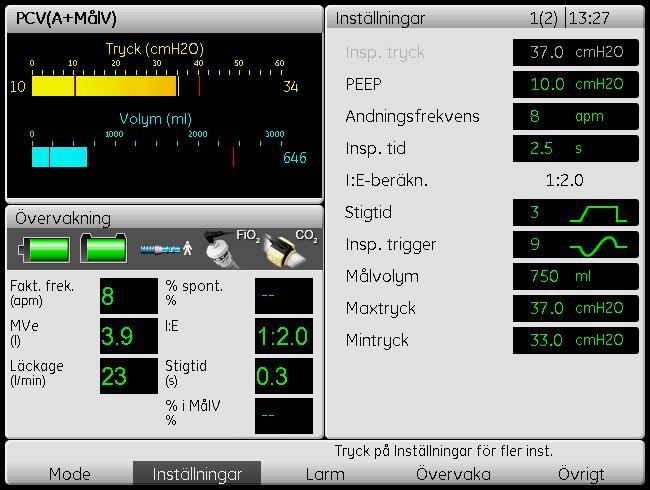 Avsnittet Inställningar I avsnittet Inställningar kan behandlingsparametrar ändras. Se Funktioner och parametrar i Vivo 50 på sidan 55.