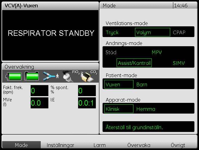 Avsnittet Mode Mode-avsnittet används för att ställa in ventilations-mode, andningsmode, patient-mode och apparat-mode. Ventilations-mode kan vara antingen Tryck, Volym eller CPAP.