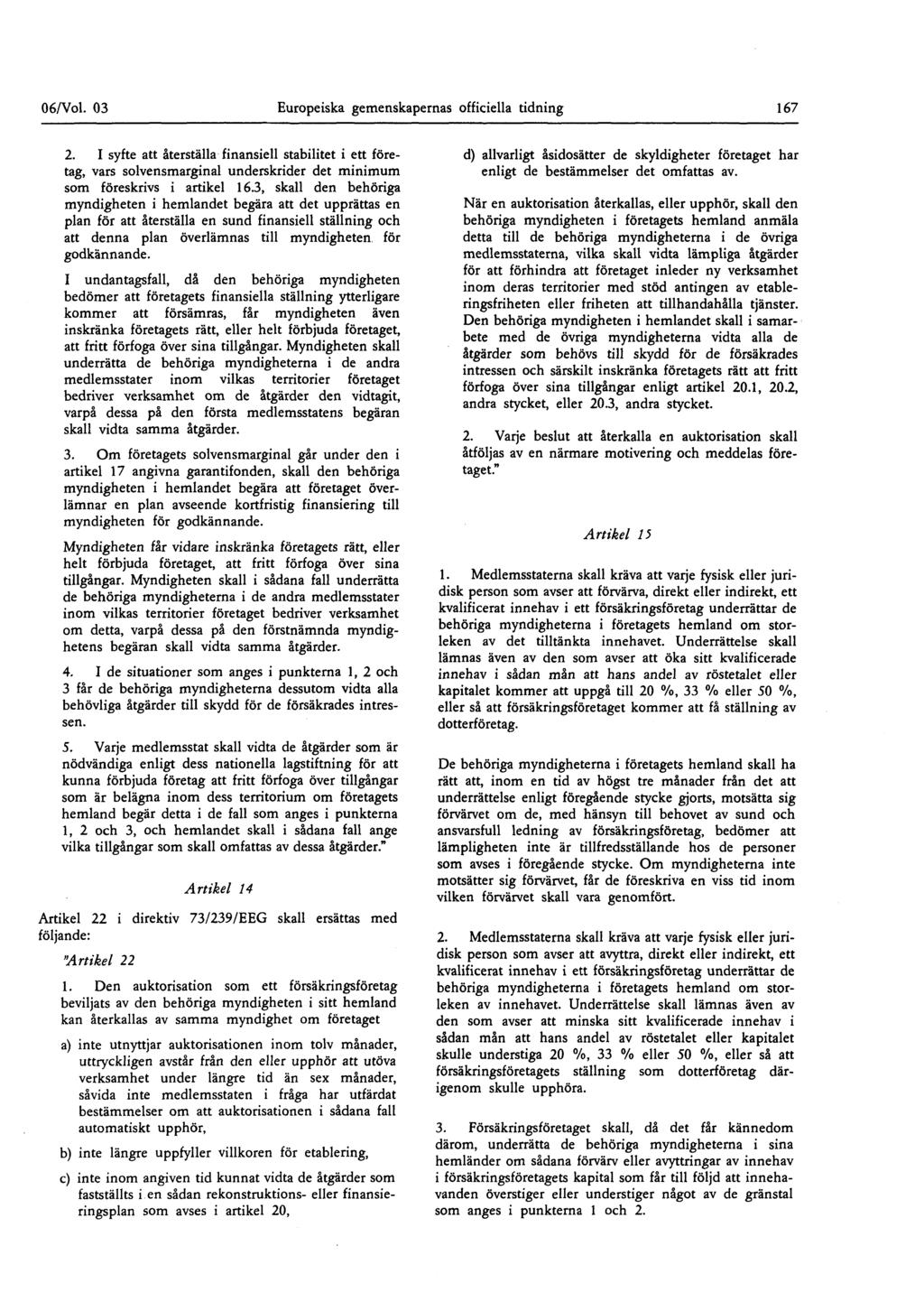 Oé/Vol 03 Europeiska gemenskapernas officiella tidning 167 2 I syfte att återställa finansiell stabilitet i ett företag, vars solvensmarginal underskrider det minimum som föreskrivs i artikel 163,