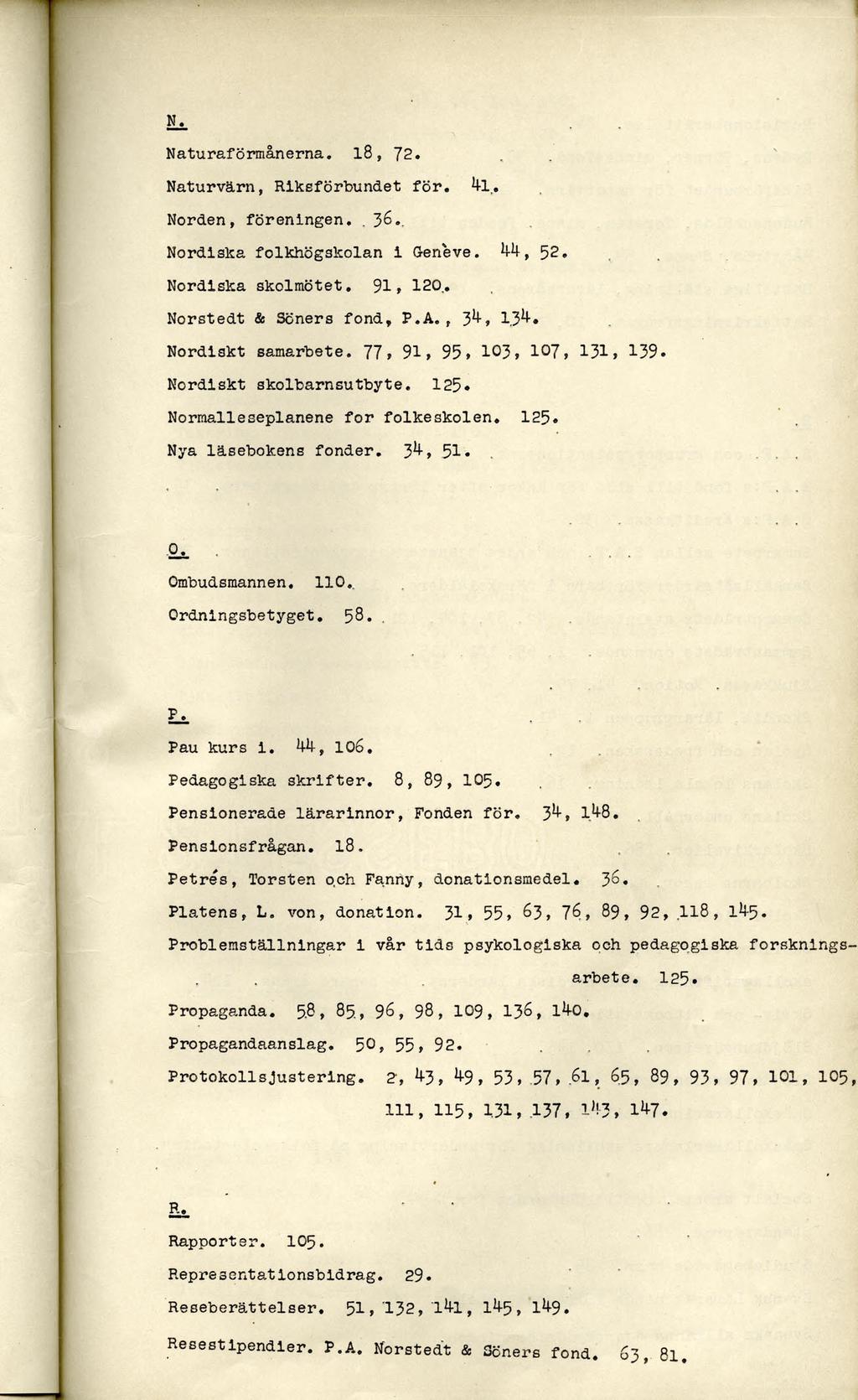 SLs. Naturaförmånerna. 18, 72. Naturvärn, Riksförbundet för. 4-1,. Norden, föreningen.,36., Nordiska folkhögskolan i Geneve, 44, 52. Nordiska skolmötet. 91, 120.. Norstedt & Söners fond, P.A.