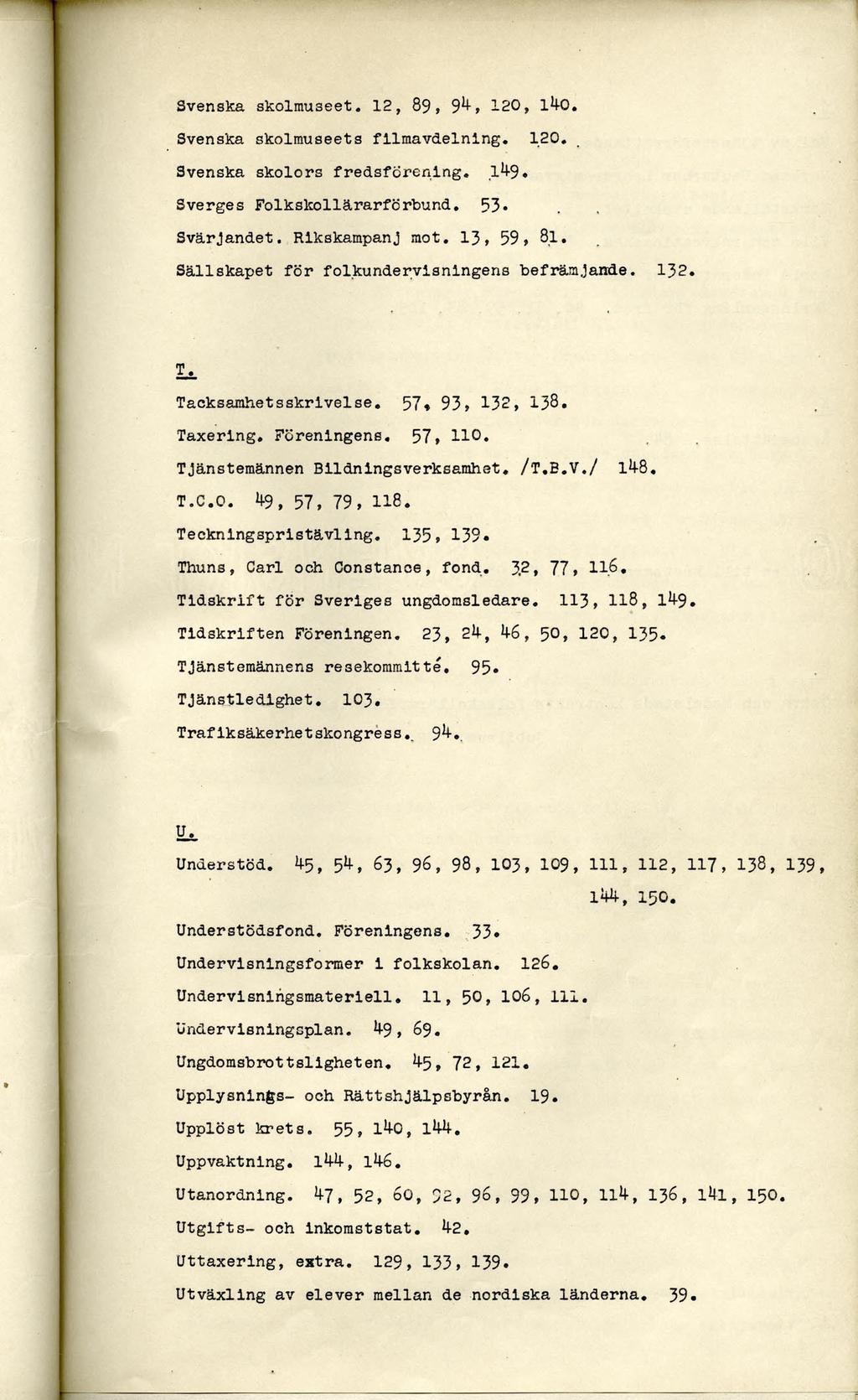 Svenska skolmuseet. 12, 89, 94, 120, l4o. Svenska skolmuseets filmavdelning. 120. Svenska skolors fredsförening. l49. Sverges Folkskollärarföround. 53» Svärjandet. Rikskampanj mot. 13, 59, 8l.
