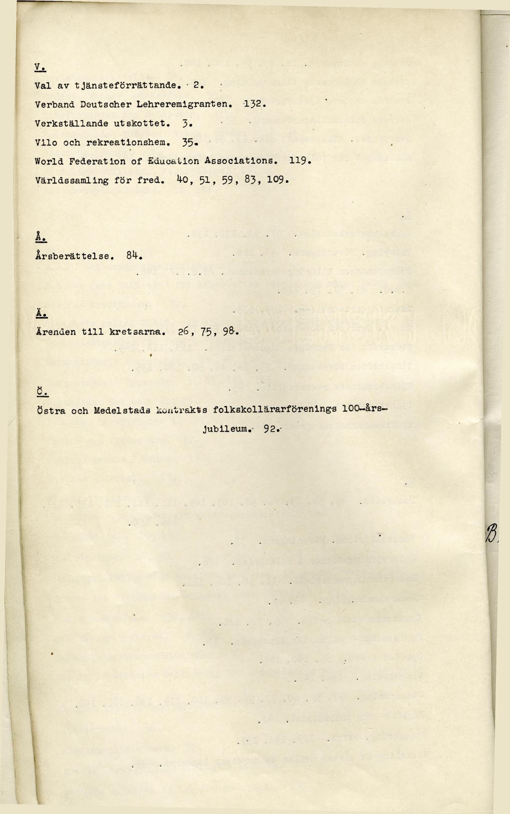 Val av tjänsteförrättande. -2. Verband Deutscher Lehrereralgranten. 132. Verkställande utskottet. 3» Vilo och rekreationshem. 35* World Federation of Education Associations.