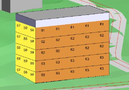Ekvivalent ljudnivå vid fasad för hus A3 och A2. 3D-vy sett från norr (Gubbkärrsvägen i förgrunden). Figur 7.