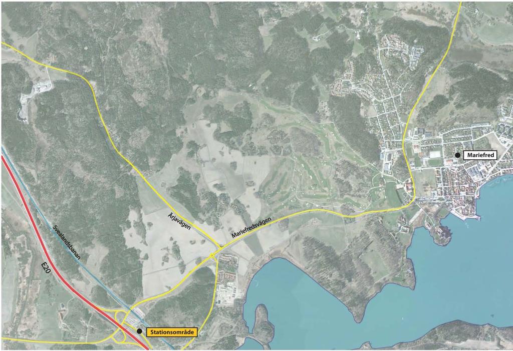 3(13) Trafiksystemet idag Bild 2 Dagens trafiksystem. Bilvägnätet Väster om det planerade området går E20 som trafikeras av ca 16 000 fordon/dygn.