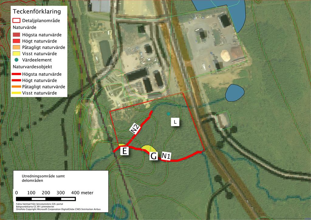 Karta över detaljplaneområdet med naturvärdesobjekt samt landskapsobjekt och Värdeelement markerade.