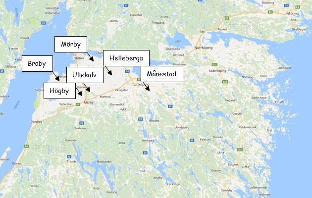 Bild 1. Gårdar med nollrutor i Östergötland 2017. Södermanlands och Örebro län I Södermanlands och Örebro län var upptaget 18 kg i nollrutor och 34 kg i gödslade fält i snitt.