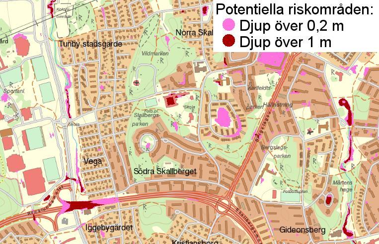 Riskområdet utgörs av lågpunkten, identifierad i grundkarta enligt höjdlinjer och markerad i turkost i Figur 10.