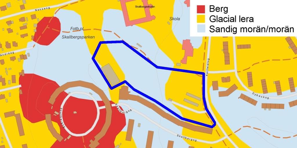 3 GEOLOGISKA FÖRUTSÄTTNINGAR Översiktlig jordartskarta från Sveriges geologiska undersökning (SGU) visar förekomst av två jordarter i utredningsområdet: glacial lera och sandig morän/morän (Figur 8).