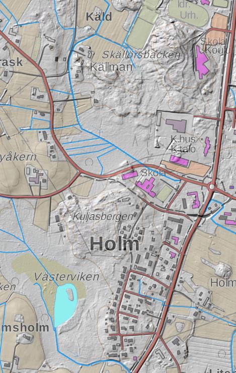 1-8 Bild 3. Områdets topografi, bebyggelse, vägnät, vattendrag Lantmäteriverket.