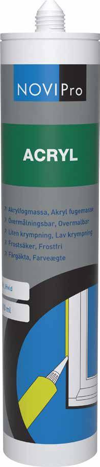 Akrylfogmassa AKRYL ART NR FÄRG INNEHÅLL 383 92 46 Vit 310 ml NOVIPro Akryl är en högkvalitativ plasto-elastisk akrylfogmassa.