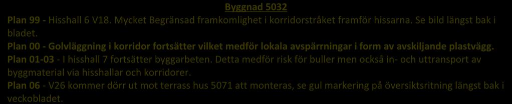 Plan 00 - Golvläggning i korridor fortsätter vilket medför lokala avspärrningar i form av avskiljande plastvägg. Plan 01-03 - I hisshall 7 fortsätter byggarbeten.