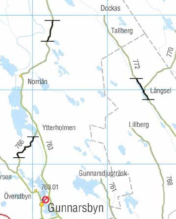 Torpshammar Övrig väg BD772 Långsel Näringslivsväg utan restriktioner BD763 Norrut från Gunnarsbyn Näringslivsväg med restriktioner BD766 Norr om Gunnarsbyn Övrig väg (b) (a) (a) (b) Figur 2.2. Vägsträckornas läge i Västernorrlands län,(a), och Norrbottens län, (b).