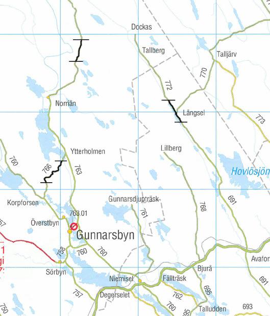 Näringslivsväg utan restriktioner BD763 Norrut från Gunnarsbyn Näringslivsväg med restriktioner BD766 Norr om Gunnarsbyn Övrig väg Tabell 2.2. Placering av teststräckor och sektioner.